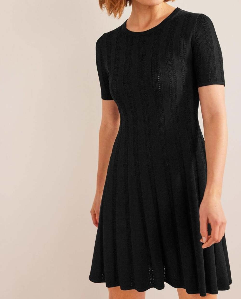Boden Black Pointelle Pleated Mini Knit Dress (8R)
